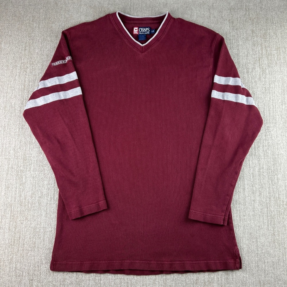 Chaps Ralph Lauren Pullover Mens Large Burgundy V-Neck Ribbed Striped Sleeve Y2K - Picture 3 of 6